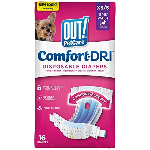 OUT! Pet Care Disposable Female Dog Diapers - Absorbent with Leak Proof Fit - XS/Small (Waist 13-18in) - 16 Count