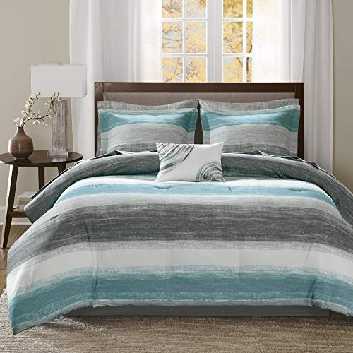 Madison Park Essentials Bed in a Bag Comforter, Vibrant Color Design All Season Down Alternative Cover with Complete Cotton Sheet Set, King(104'x92'), Saben, Stripe Aqua 9 Piece