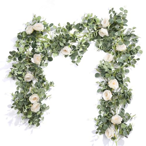 Der Rose 2 Pcs 13Ft Artificial Eucalyptus Flower Garland with Fake Rose Flower Vine Seeded Eucalyptus Leaves Greenery Garland for Wedding Table Runner Backdrop Party Centerpiece Room Decor (White)