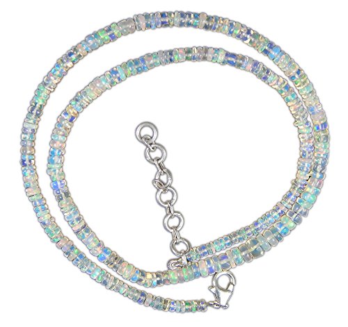 Myhealingworld Natural White Base Ethiopian Opal Gemstone Beads 16 Inch Beaded Necklace with Additional 2 inch 92.5 Sterling Silver Extension. Bead Size Varies from 2mm to 5mm.