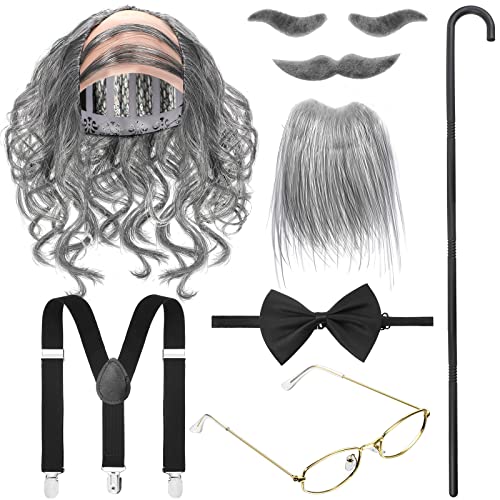 WILLBOND 8 Pieces Old Man Costume Grandpa Costume Kit, Grandpa Wig Glasses Faux Eyebrows Long Beard Suspenders and Bow Tie (Dark Gray)