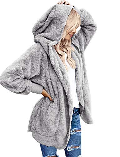 LookbookStore Fleece Hooded Jacket Women Womens Jackets And Coats for Winter Winter Coat With Fur Hood for Women Light Grey Oversized Cardigan Old Money Outfits Size XXL Size 20 22