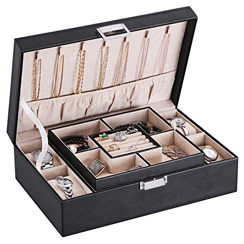 BEWISHOME Mens Jewelry Box, Jewelry Organizer with 4 Watch Case Removable Tray, Jewelry Storage Case for Necklace, Earring Ring Bracelet, PU Leather, Velvet Lining Black SSH07B