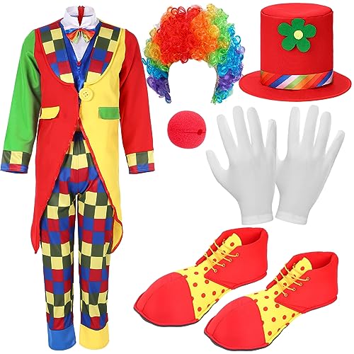 Yahenda 7 Pcs Clown Costume Set Includes Halloween Cosplay Red Clown Nose Clown Wig Clown Shoes Clown Hat Accessories (Adults Medium)