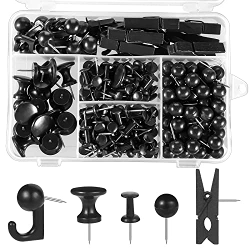 200 Pieces Push Pins Thumb Tacks Black Push Pins for Cork Board, 5 Style for Bulletin Boards Wall Maps Pictures Office Home Supplies