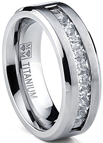 Metal Masters Titanium Men's Wedding Band Engagement Ring with 9 large Princess Cut Cubic Zirconia Size 10