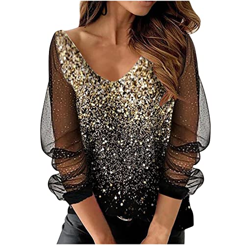 Camiseta Manga Larga Malla estampada Tops Blusa Encaje Cuello V Mujer Jersey Túnica Manga Larga Túnica Superior,UX2-Orange,X-Large