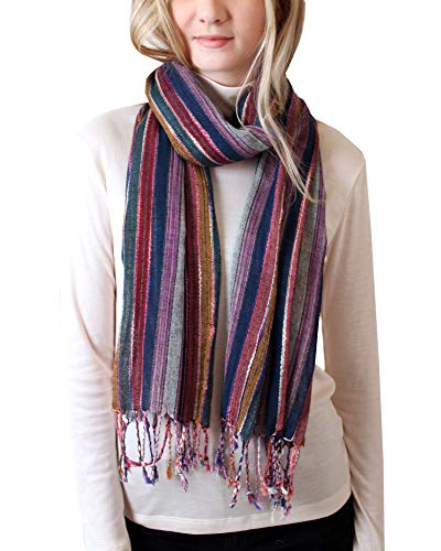 Anika Dali Women’s Jewel Shimmer Multicolor Stripe Scarf, Metallic Pashmina Shawl (Blue Dazzle)