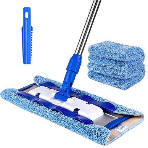 MR.SIGA Professional Microfiber Mop for Hardwood, Laminate, Tile Floor Cleaning, Stainless Steel Handle - 3 Reusable Flat Mop Pads and 1 Dirt Removal Scrubber included