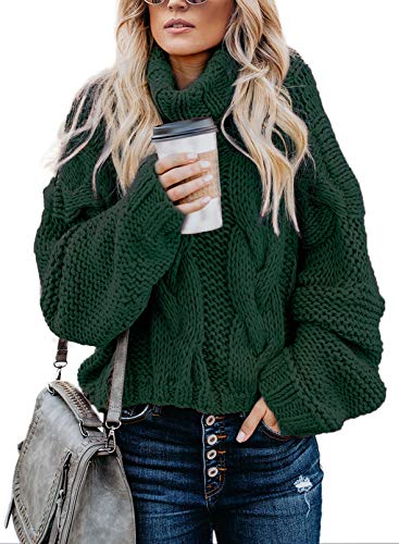Dokotoo Womens Winter Fall Casual Turtleneck High Neck Long Sleeve Cable Knit Sweaters Pullover Outerwear Green M
