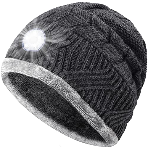 HIGHEVER LED Beanie Hat with Light - Stocking Stuffers Gifts for Men Women Flashlight Beanie with Headlamp Winter Cap for Running Gray