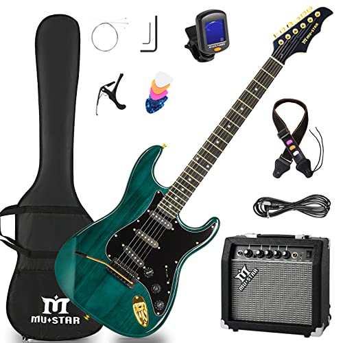 MUSTAR Electric Guitar Kit with 25W Amplifier, 39 Inch Full Size Solid Wood Electric Guitar Beginner Kits, Gig Bag, Digital Tuner, Capo, Strap, Cable, Picks, Birthday Holiday Gifts (Green, MEG-100)