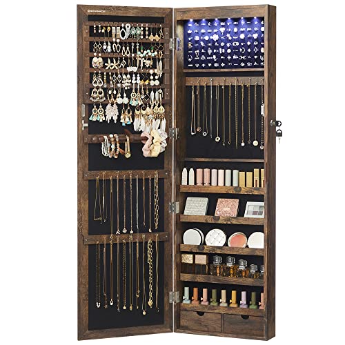 SONGMICS 6 LEDs Mirror Jewelry Cabinet, 47.2-Inch Tall Lockable Wall or Door Mounted Jewelry Armoire Organizer with Mirror, 2 Drawers, 3.9 x 14.6 x 47.2 Inches, Rustic Brown UJJC93CB