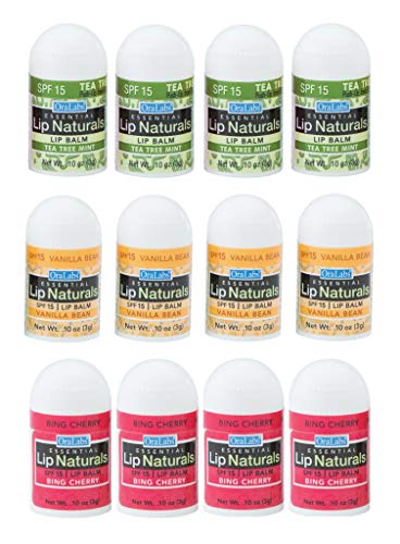 Lip Naturals | Assorted Mini Lip Balm with Sunscreen (SPF-15) | Made in USA | 12-Count Pack with Bing Cherry, Tea Tree Mint, and Vanilla Bean Flavors (0.10oz/3g Each)