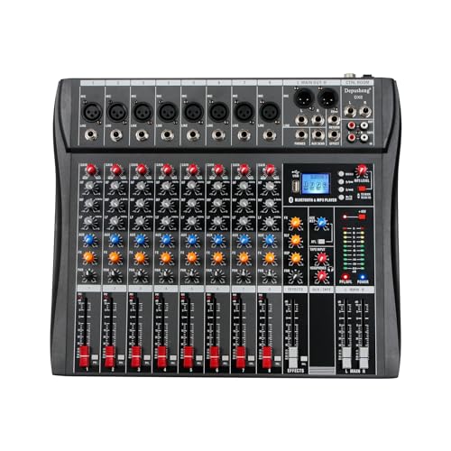 Depusheng DX8 Professional Mixer Sound Board Console 8 Channel Desk System Interface Digital USB MP3 Input 48V Phantom Power Stereo DJ Studio FX Steel Chassis,Black Bluetooth USB Audio Mixer for PC