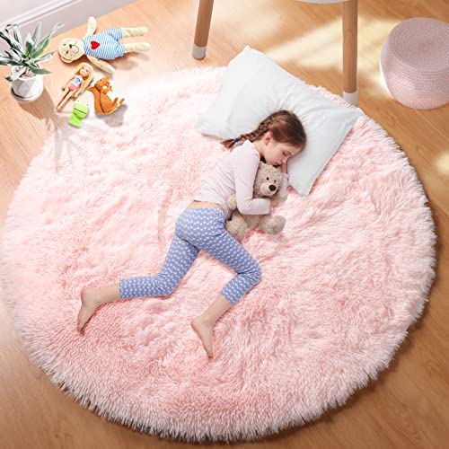 PAGISOFE Super Soft Circle Rugs for Girls Princess Castle Toddlers Play Tent 41” Diameter Circular Area Rugs for Kids Bedroom Baby Room Decor Round Shag Playhouse Carpets and Nursery Rugs Pink