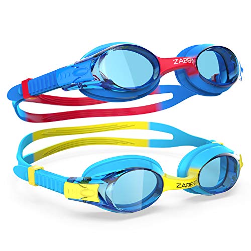 ZABERT 2 Pack Kids Swim Goggles, Swimming Goggles for Kids Toddler Youth Girls Boys Junior Jr Childrens Child Little Baby Age 3 4 5 6 7 8 9 10 11 12 Years Anti Fog Blue Yellow & Blue Red Clear