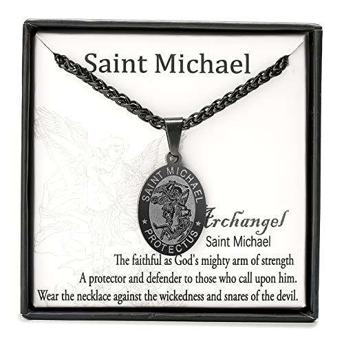 Zocomi Saint St Michael Medal Necklace for Men Boys, Oval Stainless Steel St Michael. Pendant Chain Archangel Jewelry Gift Religious Christian Baptism First Communion Confirmation (Black)
