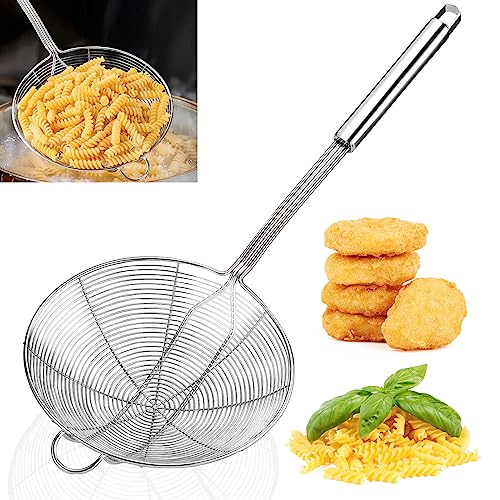 YIMI Spider Mesh Strainer Skimmer Ladle Spoon, Solid Stainless Steel Wire Fryer Scoop with Long Handle Double Hook, Kitchen Colander Utensil for Frying Cooking, 5.5 Inch, Ideal for Christmas