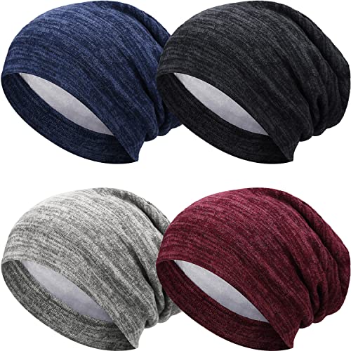 4 Pieces Satin Lined Sleep Cap Slouchy Beanie Hat Night Hair Cap for Women (Black, Navy Blue, Khaki, Wine Red)