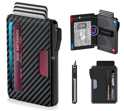 ILAOLIU Wallet for Men - Slim Leather Mens Wallet Pop up Card Holder with Money Clip,Credit Card Slots,ID Window - RFID Blocking Minimalist Wallet with Gift Box (Carbon fiber)