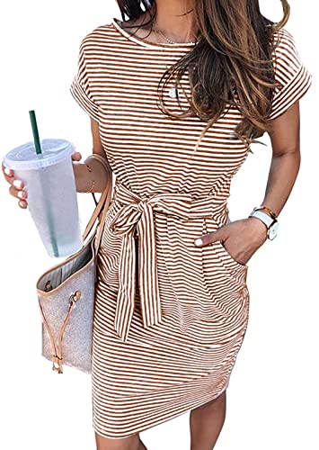 MEROKEETY Women's Summer Striped Short Sleeve T Shirt Dress Casual Tie Waist with Pockets Brown