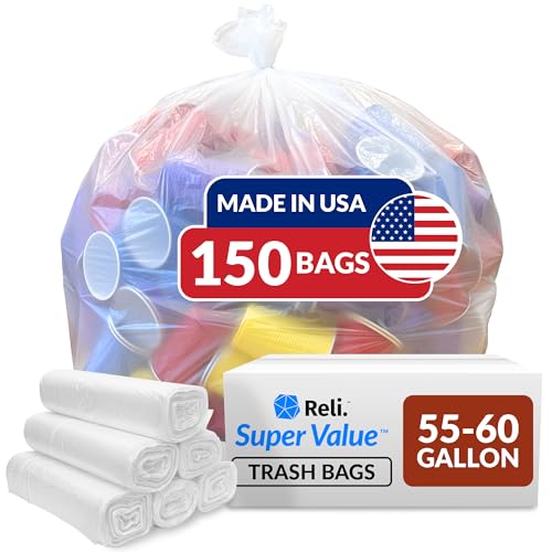 Reli. 55-60 Gallon Trash Bags Heavy Duty | 150 Bags | Large Clear 55 Gallon Garbage Bags | Made in USA