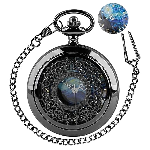 Tiong Van Gogh Starry Night Moon Hollow Black Case Quartz Pocket Watch Roman Numerals Retro Watches Art Souvenir Gift for Men Women