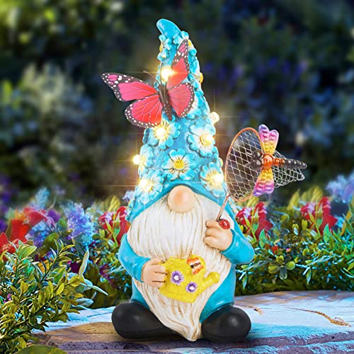 Foreby Garden Gnome Statues Outdoor Decor Solar Gnomes with Butterfly on LED Lighted Flowers, Resin Blue Gnomes Sculpture for Patio Yard Lawn Onament Decoration