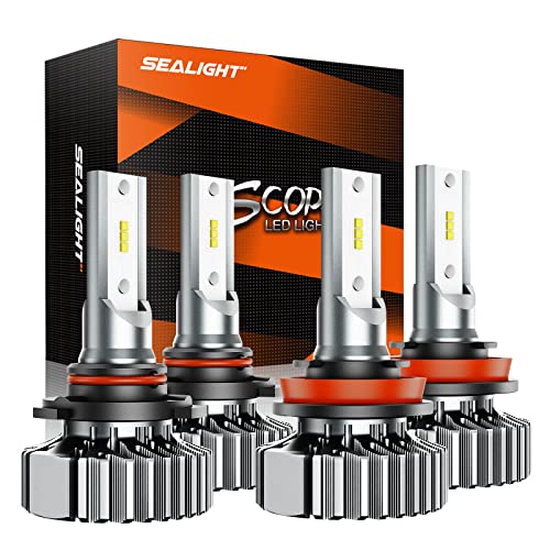 SEALIGHT 9005/HB3 H11/H9/H8 LED Bulbs Combo, Super Bright Dual Beam Cool White, Plug and Play, Pack of 4