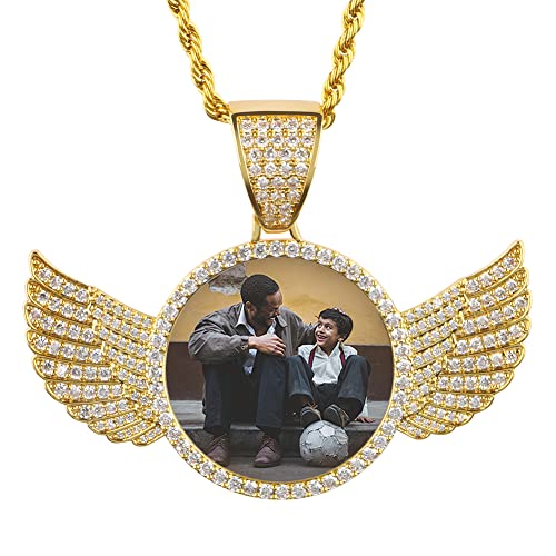 YIMERAIRE Photo Necklace Personalized for Women Men 18K Gold Plated Angel Wing Custom Picture Pendant Chain Memorial Hip Hop Necklace Keepsake with Gift Box