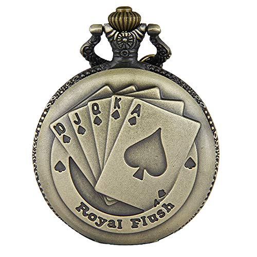 JewelryWe Steampunk Antique Royal Flush Poker Cards Men Women Pocket Watch with 31.5' Chain for Christmas
