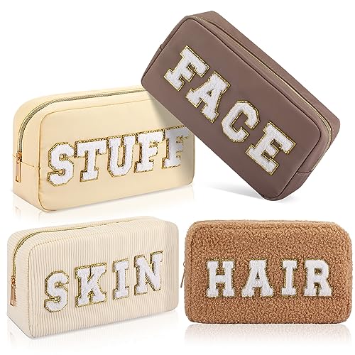 Kajaia 4 Pcs Nylon Chenille Letter Bag Pouches Cosmetic Makeup Toiletry Bag Cute Makeup Bags for Women Travel Zipper Preppy Pouch for Teens Girls Women (Beige, Brown, Milk White, Coffee)