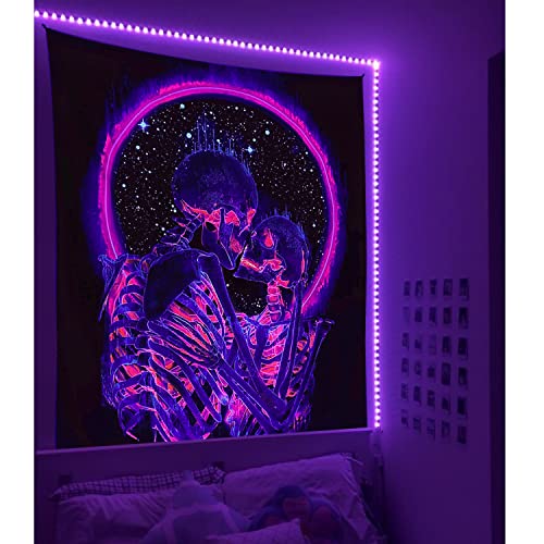 Manicer Blacklight Skull Tapestry, The Kissing Lovers Tapestry UV Reactive Trippy Neon Tapestries Glow in the Dark Party Backdrop, Skeleton Wall Art for Bedroom Living Room – 51.2” x 59.1”