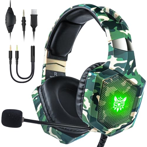 Gaming Headset with Microphone, Gaming Headphones for PS4 PS5 Xbox One PC with LED Lights, Playstation Headset with Noise Reduction 7.1 Surround Sound Over-Ear and Wired 3.5mm Jack (Green)