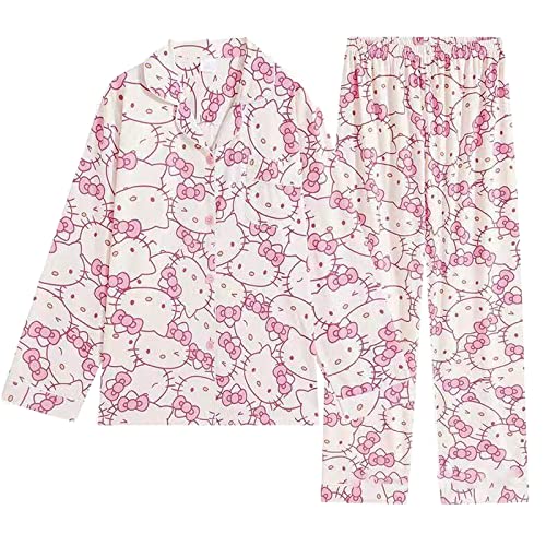 Ocroyea Kawaii Pajamas For Women Long Sleeve Cardigan Pjs Two-Piece Set Cute Cartoon Girls Pajama Leisure Short Sleeve Sleepwear Home Clothes