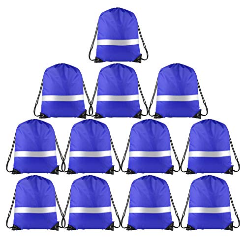 KUUQA 12 Pack Drawstring Backpack Bag with Reflective Strip, String Backpack Cinch Sack Bag Bulk for School Yoga Sport Gym Traveling (Blue)