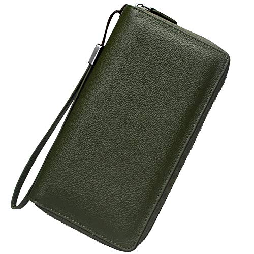 Bveyzi Women RFID Blocking Wallet Leather Zip Around Phone Clutch Large Capacity Ladies Travel Purse Wristlet (Olive Green)