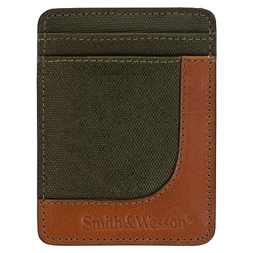 Smith & Wesson Two-Toned Green/Brown Officially Licensed Wax Canvas & Leather Money Clip Wallet for Men - Handcrafted, Water-Resistant, Slim & Compact Design