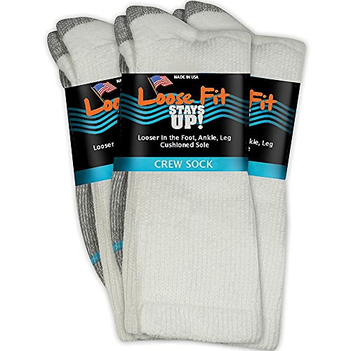Loose Fit Stays Up Men's and Women's Casual Crew Socks (Pack of 3) Made in USA! Cushioned Sole (Medium, White)