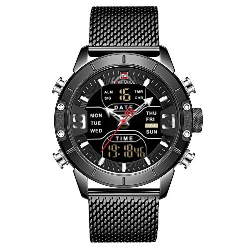 NAVIFORCE Digital Watch Men Waterproof Sports Watches Stainless Steel Military Quartz Clock Wristwatch (9153-BB)