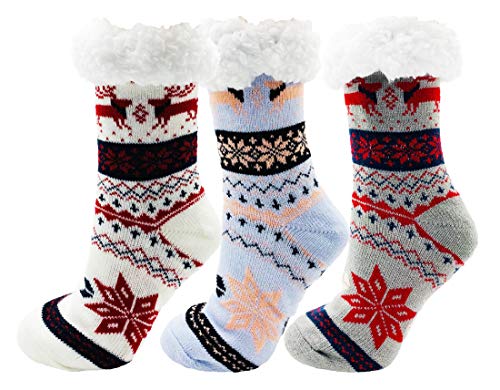 Fluffy Thermal Sherpa Socks, 3 Pairs for Women, Ultra Soft Slipper Christmas Winter Non Skid (Fair Isle D)