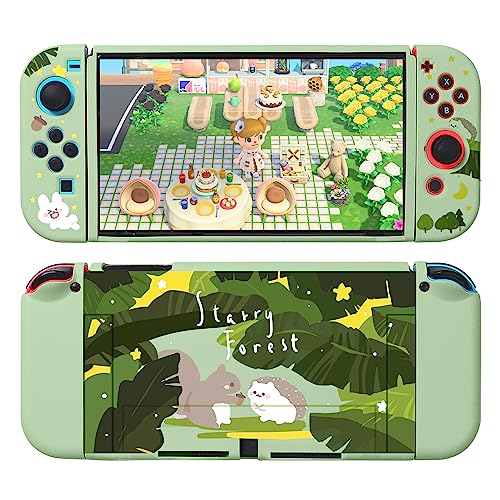 Starry Forest Cute Protective Cases for Nintendo Switch, Dockable Slim Cover Shell for Switch Accessories, Kawaii Woods Animals Green Soft TPU Case - Hedgehog and Squirrel (for Switch OLED)