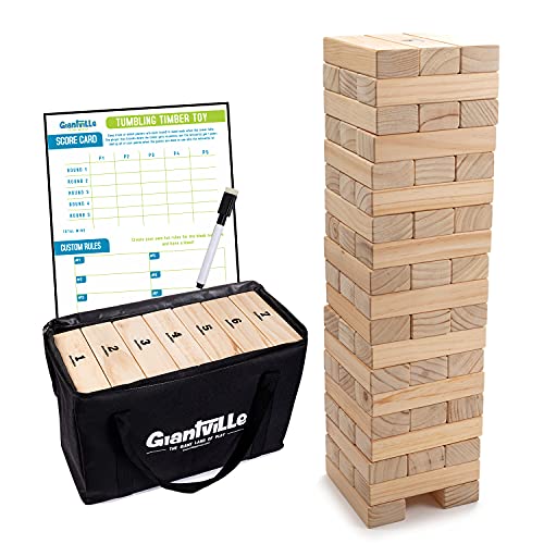 Giantville Giant Tumbling Timber Toy - Premium Pine Wood Life-Size Blocks Tower - Big Floor/Board Indoor/Outdoor Yard Game for Kids & Adults - 56-Pieces + Carry/Storage Bag - Grows to Over 4-Feet