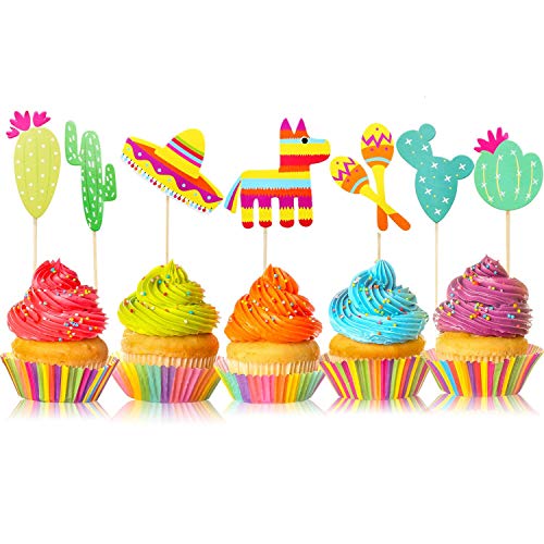 42 Pcs Mexican Fiesta Cupcake Toppers Decoration, Cactus Donkey Maraca Sombrero for Themed Party Supplies