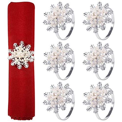 Christmas Napkin Rings- Set of 6 Snowflake with Pearl Napkin Holder Rings Silver Xmas Napkin Buckle for Christmas Holiday Party Dinner Wedding Banquet Dinning Table Settings Decoration