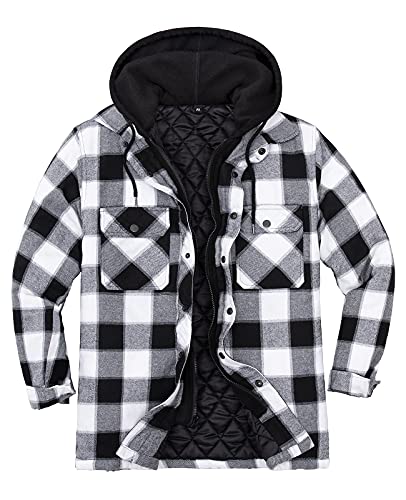 ThCreasa Mens Plaid Quilted Lined Flannel Jacket Button Down Flannel Shirt Jackets with Hood Black and White L
