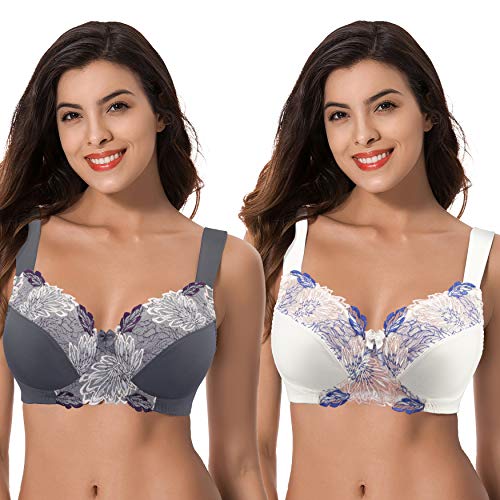 Curve Muse Women's Plus Size Minimizer Wireless Unlined Bra with Embroidery Lace-2Pack-Buttermilk,Gray-36DD-V2