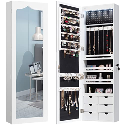 CHARMAID 5 LEDs Mirror Jewelry Armoire Wall Door Mounted, Lockable Jewelry Cabinet with 6 Drawers and Full Length Mirror, Large Capacity Jewelry Organizer Storage Jewelry Box with Drawers (White)