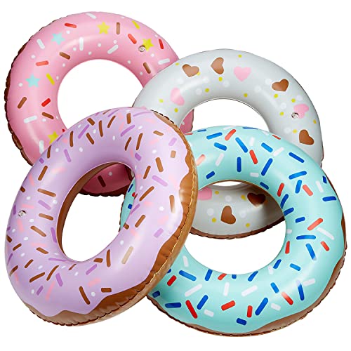 Playbees Sprinkle Donut Pool Floats - 4 Pack - Inflatable Floaties for Kids & Adults - Fun Summer Water Toy for Pool Parties and Decorations